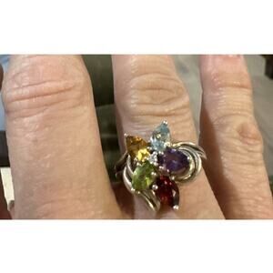 Diamonique Vintage Sterling Multi Color Stone Cluster Ring SZ Us 7